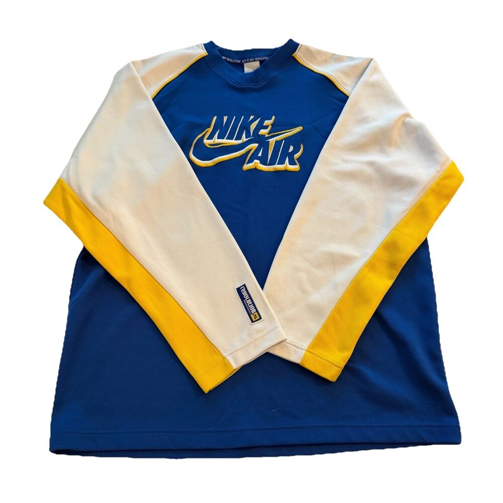 Nike Air Revolution Y2K Crewneck Mens L Yellow blue Spell Out Raglan Sleeves